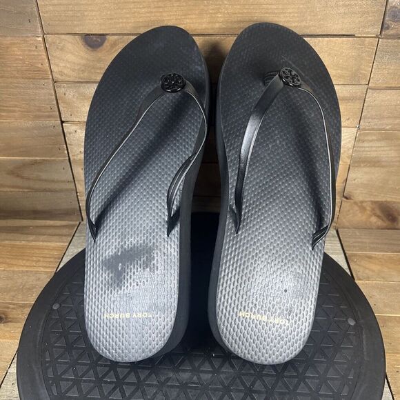 Tory Burch Womens Sz 10 Platform Flip Flop Perfect Black Leather Strap Sandals - Picture 5 of 10